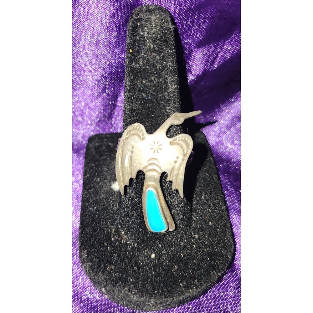 VTG OTT Sterling Silver Turquoise Bird Crane Ring Southwestern Size 6.25